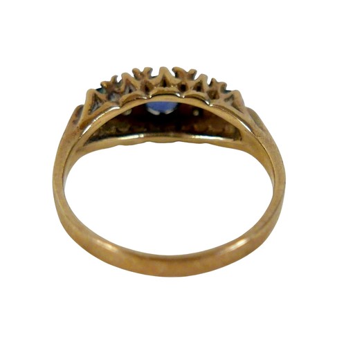 50 - A 9ct yellow gold sapphire and diamond seven stone ring, head 23 by 15mm, size P, 3.3g.