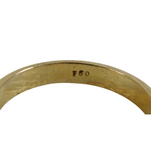 68 - An 18ct yellow gold pink sapphire three stone ring size P, head 23 by 14mm, 4.5g.