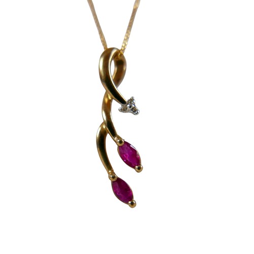 23 - A 9ct yellow diamond and ruby five stone pendant on a fine chain, pendant 32mm high, chain 46cm, 1.5... 
