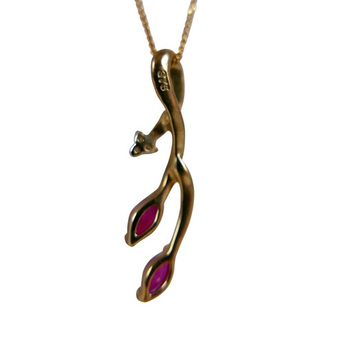 23 - A 9ct yellow diamond and ruby five stone pendant on a fine chain, pendant 32mm high, chain 46cm, 1.5... 