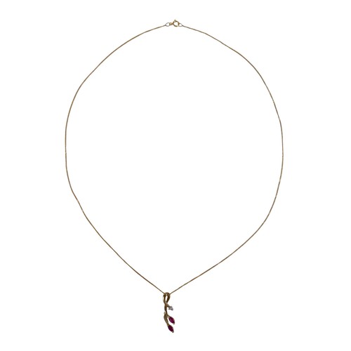 23 - A 9ct yellow diamond and ruby five stone pendant on a fine chain, pendant 32mm high, chain 46cm, 1.5... 