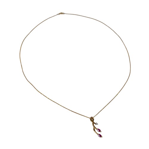 23 - A 9ct yellow diamond and ruby five stone pendant on a fine chain, pendant 32mm high, chain 46cm, 1.5... 