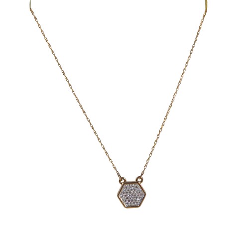 20 - A 9ct yellow gold and diamond set pendant, of hexagonal form, 18mm, on fine chain, 40cm long, 1.3g.
