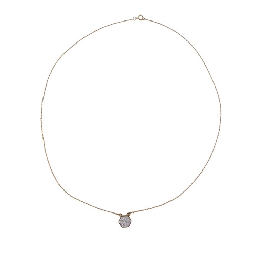 20 - A 9ct yellow gold and diamond set pendant, of hexagonal form, 18mm, on fine chain, 40cm long, 1.3g.