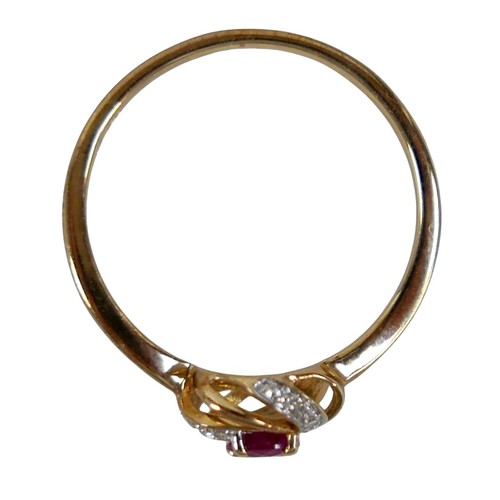 34 - A 9ct yellow gold ruby and diamond open swirl ring, head 17mm diameter, ring size Q, 1.8g.