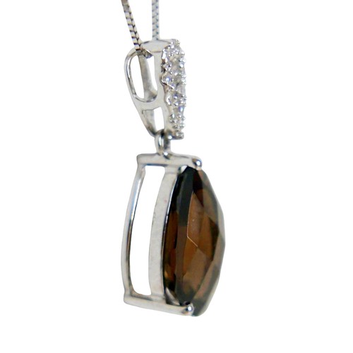 40 - A 9ct white gold smokey quartz and diamond tear drop pendant on a fine chain, pendant 31mm high, cha... 