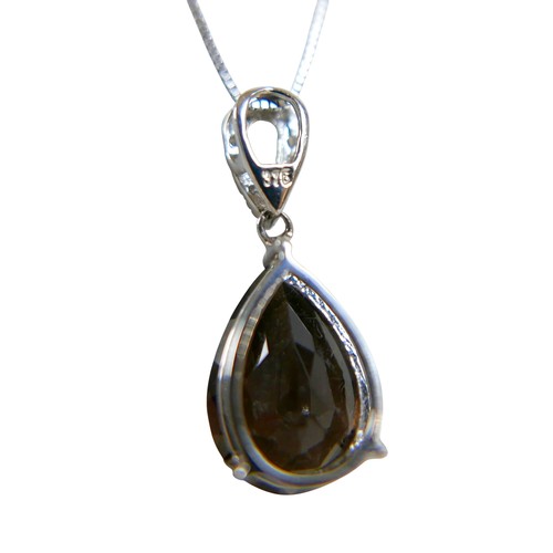 40 - A 9ct white gold smokey quartz and diamond tear drop pendant on a fine chain, pendant 31mm high, cha... 
