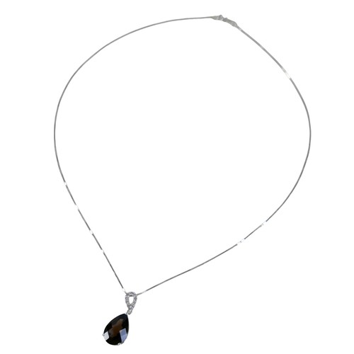 40 - A 9ct white gold smokey quartz and diamond tear drop pendant on a fine chain, pendant 31mm high, cha... 