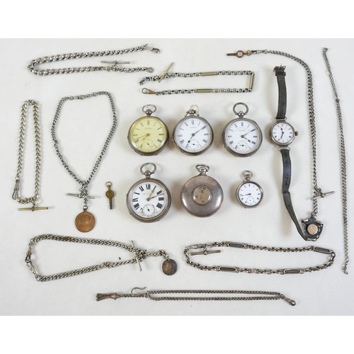 72 - A collection of five silver pocket watches, together with a wristwatch, nine assorted watch chains, ... 