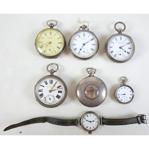 72 - A collection of five silver pocket watches, together with a wristwatch, nine assorted watch chains, ... 
