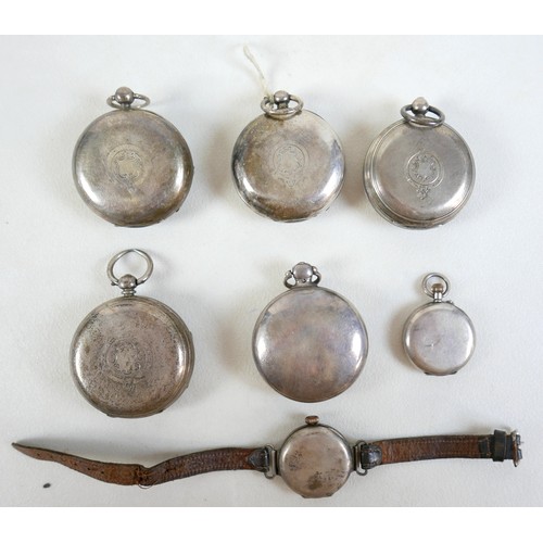 72 - A collection of five silver pocket watches, together with a wristwatch, nine assorted watch chains, ... 