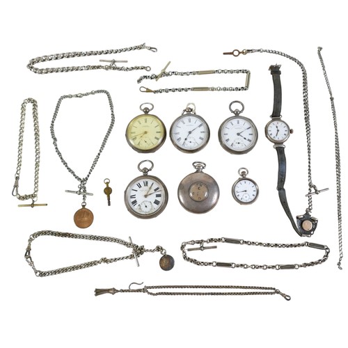 72 - A collection of five silver pocket watches, together with a wristwatch, nine assorted watch chains, ... 