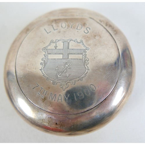 118 - A group of silver including a Lloyds silver tobacco case, inscribed 'Lloyds 7th May 1900', 2.1toz, t... 