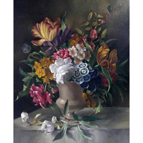 325 - Harold Clayton (British, 1896-1979): floral still life, with tulips, narcissi, morning glory, and ch... 