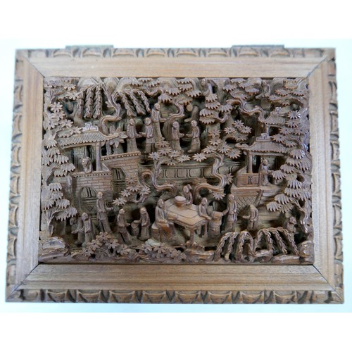 261 - A Chinese carved trinket box with tortoise shell ling and a carved wooded pot, box 17 by 14 by 13cm ... 