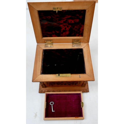 261 - A Chinese carved trinket box with tortoise shell ling and a carved wooded pot, box 17 by 14 by 13cm ... 