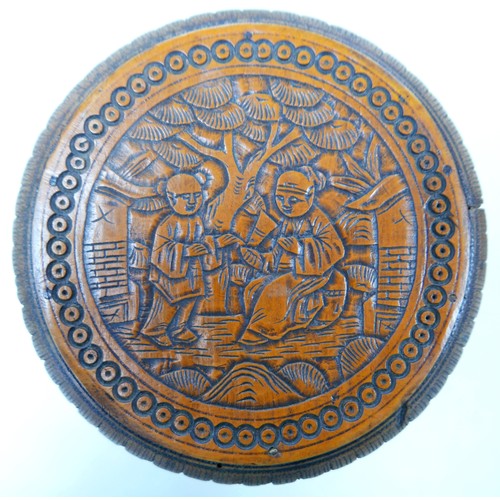 261 - A Chinese carved trinket box with tortoise shell ling and a carved wooded pot, box 17 by 14 by 13cm ... 