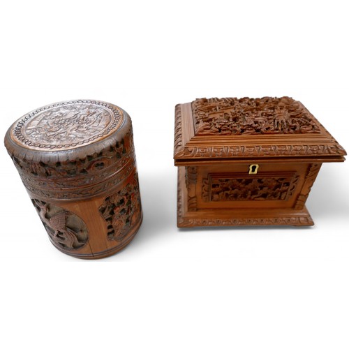 261 - A Chinese carved trinket box with tortoise shell ling and a carved wooded pot, box 17 by 14 by 13cm ... 