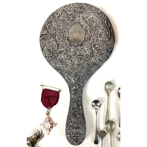 26 - A group of silver and costume jewellery, including a silver backed hand mirror, two Victorian silver... 