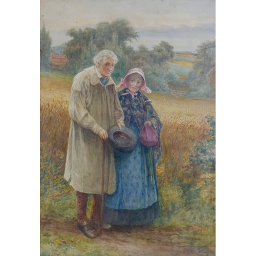 321 - Alfred Walter Bayes (British, 1832-1909): a Victorian couple, standing at the edge corn field, signe... 