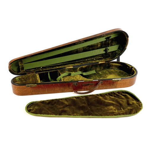 28 - An early / mid 20th century oak violin coffin case, by W. E. Hill & Sons, with fully fitted olive gr... 