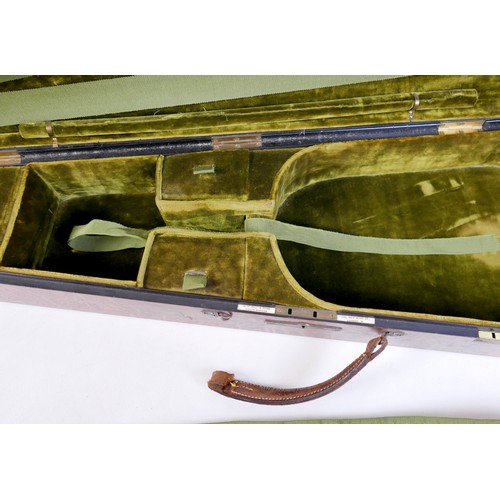28 - An early / mid 20th century oak violin coffin case, by W. E. Hill & Sons, with fully fitted olive gr... 