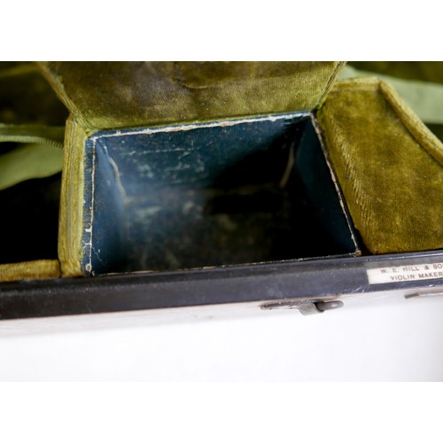 28 - An early / mid 20th century oak violin coffin case, by W. E. Hill & Sons, with fully fitted olive gr... 