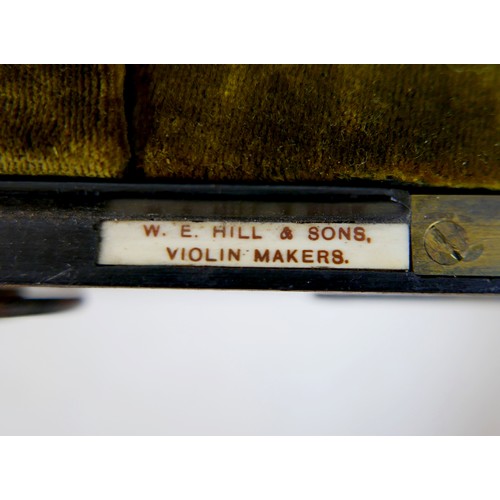 28 - An early / mid 20th century oak violin coffin case, by W. E. Hill & Sons, with fully fitted olive gr... 