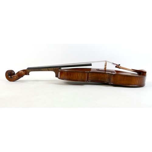 3 - A late 19th century Mirecourt violin, two piece back, unlabelled, 35.8cm / 14 1/8