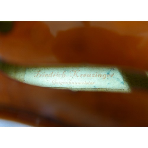 5 - A 20th century German violin, set up by Guiviers, labelled for 'Freidrich Kreuzinger', two piece bac... 