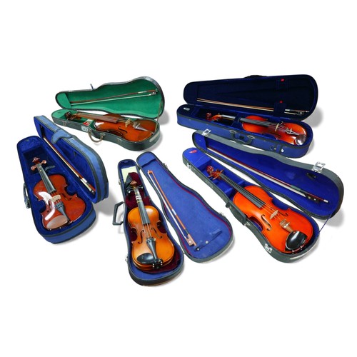 25 - A group of four modern violins, together with a Parrot viola, all with fitted hard cases. (5)