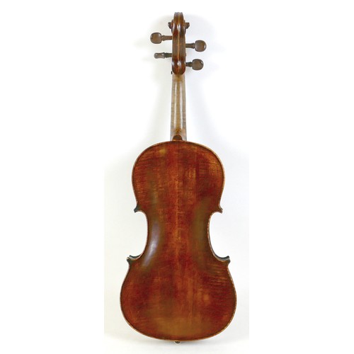 21 - An early / mid 20th century Continental violin, with an indistinct label, 14 inch two piece back. 
P... 