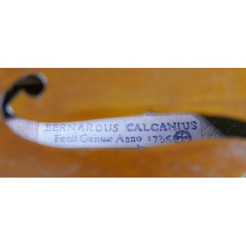 11 - An early / mid 20th century Continental violin, bearing label 'BERNARDUS CALCANIUS Fecit Genuae Anno... 