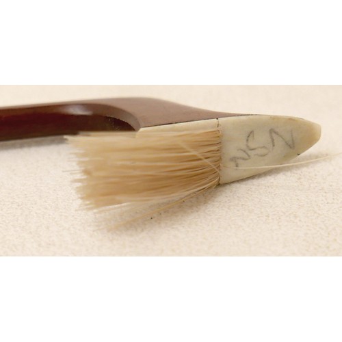 27 - A violin bow, with ebonised and mother of pearl inlaid frog, 60g, 66cm long.