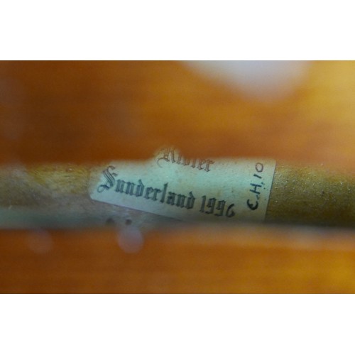 30 - A good full size English viola, made by A. R. Ridler, 1996, with a distinctive quilted maple one pie... 