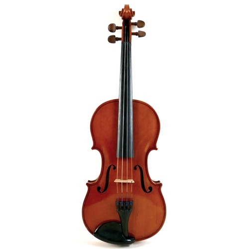 22 - A late 20th century Romanian violin, by Andreas Feller, with two bows and in a black fitted hard cas... 