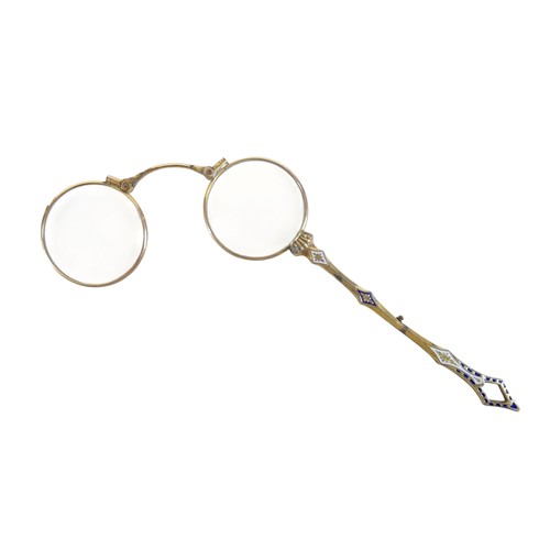 185 - A pair of 19th century Prussian silver gilt and enamel folding lorgnettes marked MR with an E in a c... 