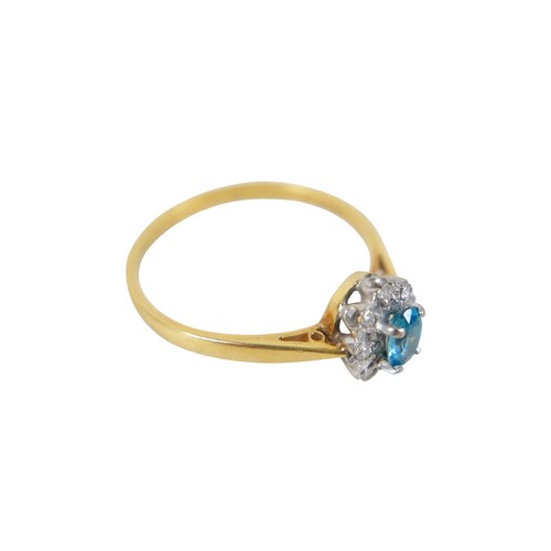 53 - An 18ct yellow gold pale sapphire and diamond cluster ring size W, head size 10 by 8mm, 4.0g.