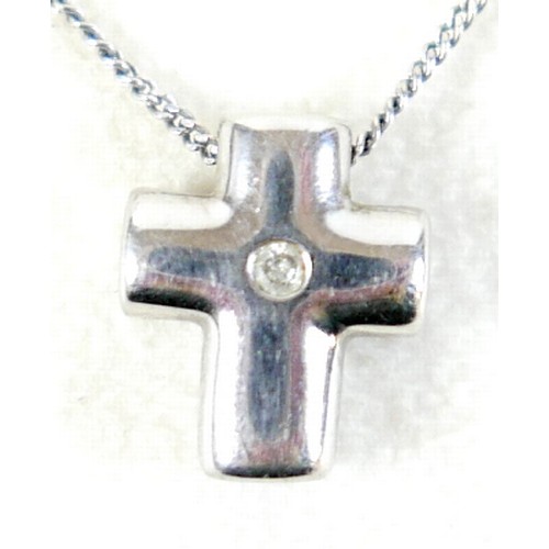 42 - A 9ct white gold diamond set crucifix on a fine 9ct chain 12 by 10 by 5mm, chain 46cm, 3.1g.