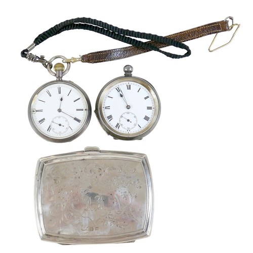 92 - Two silver pocket watches and a silver cigarette case, case weight 2.3 troy oz.(3)