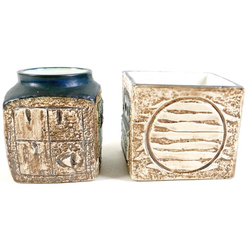 170 - Troika Cornwall textured pottery a marmalade jar and a square pot marmalade jar marked Troika the ar... 