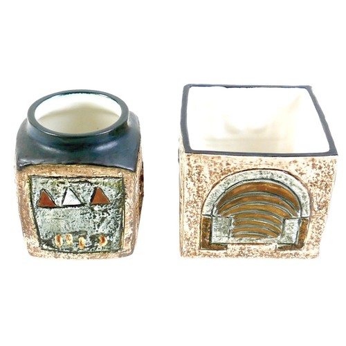 170 - Troika Cornwall textured pottery a marmalade jar and a square pot marmalade jar marked Troika the ar... 