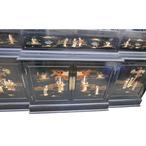 387 - A late 20th century Chinoiserie style breakfront bookcase, inlaid with hardstone oriental scenes, wi... 