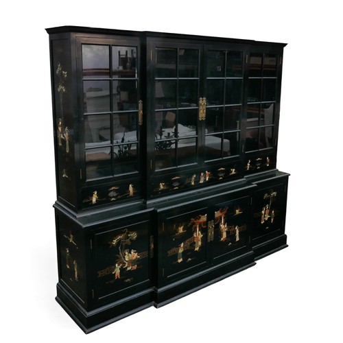 387 - A late 20th century Chinoiserie style breakfront bookcase, inlaid with hardstone oriental scenes, wi... 