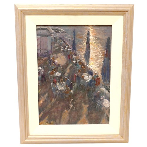 337 - Ian Layton (British, b. 1953): Lunch by the River, Prague, oil on canvas, framed, signed I. Layton 0... 