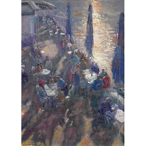 337 - Ian Layton (British, b. 1953): Lunch by the River, Prague, oil on canvas, framed, signed I. Layton 0... 