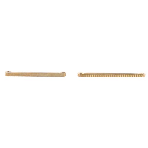 27 - Two 9ct gold tie-pins, 4.2g overall, together with a vintage 'John Grant Jeweller Bulawayo' box. (1 ... 