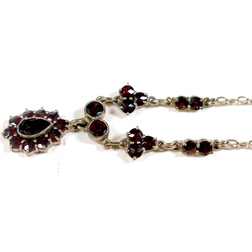 50 - A 9ct yellow gold garnet necklace and a pair of 9ct yellow gold screw back garnet earrings, necklace... 