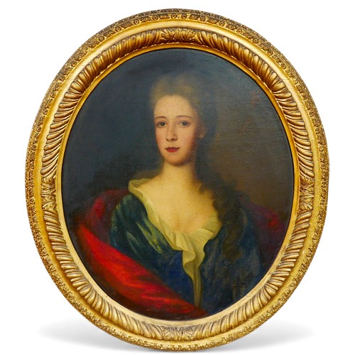 English School (18th century): portrait of a lady purported to be Lady Bute, unsigned but with label verso 'From the Collection of the Late J. E. Weatherhead, Esq., Ely Lodge, Leicester', 75 by 62.5cm oval, in gilt frame, 95 by 82.5cm.
Provenance: the painting has been in the vendor's family since the late 19th century, the painting was bequeathed to an ancestor and was always known as a portrait of Lady Bute.