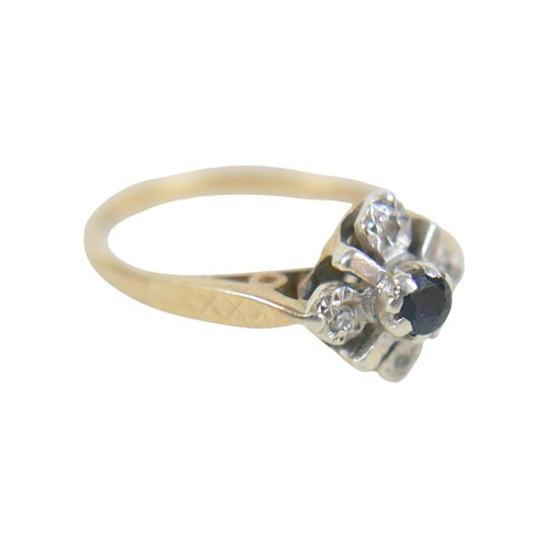 20 - A 9ct yellow gold diamond and sapphire ring head 9 by 9mm, ring size N, 2.0g.